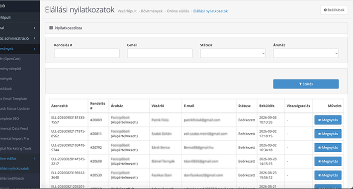 Online Elállás modul OpenCart 2.3-hoz Online Elállás modul OpenCart 2.3-hoz
